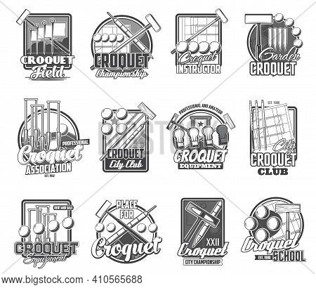 Croquet Sport Vector Icons Isolated Mallet, Peg And Balls Items. Sports Club Tournament, Croquet Gam