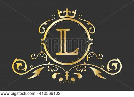 Golden Stylized Letter L Of The Latin Alphabet. Monogram Template With Ornament And Crown For Design