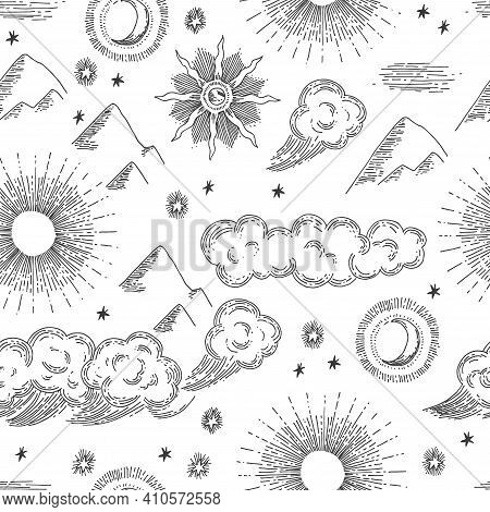 Seamless Pattern With Nature Engraving Elements. Hand Drawn Antique Style Solar And Selestial Signs.