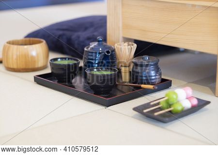 Art Of Japanese Living Green Tea Ryokucha Traditional Ceremony Consist Of Teapot, Tea Cup, Tea Brush