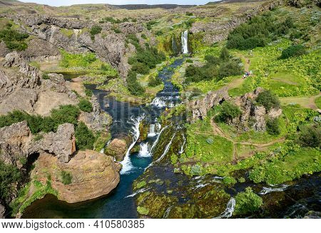Hjalparfoss; Iceland - July 29, 2017: Scenic Landscape Of Hjalparfoss On The South Of Iceland