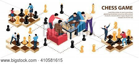 Isometric Chess Infographics With Small Human Characters Of Players Among Chess Figures On Chequerbo