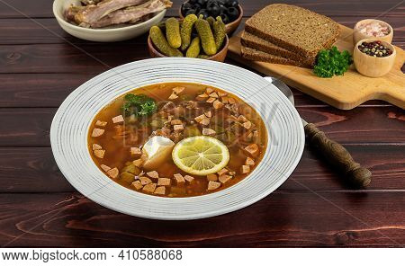 The Plate With Russian Or East European Traditional Soup Solyanka Or Soljanka From The Table. Homema