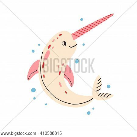 Cute Baby Unicorn Fish Or Narwhal. Fairy Sea Animal With Horn And Happy Smiling Face Isolated On Whi