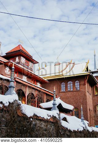 Cherkasy, Ukraine, Europe - February 06, 2021: Buddhist Temple White Lotus. Vertical High Quality Ph