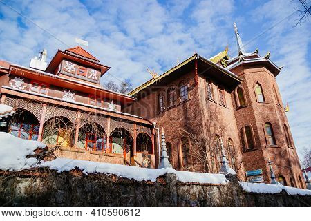 Cherkasy, Ukraine, Europe - February 06, 2021: Buddhist Temple White Lotus. Tourist Pearl Of Cherkas