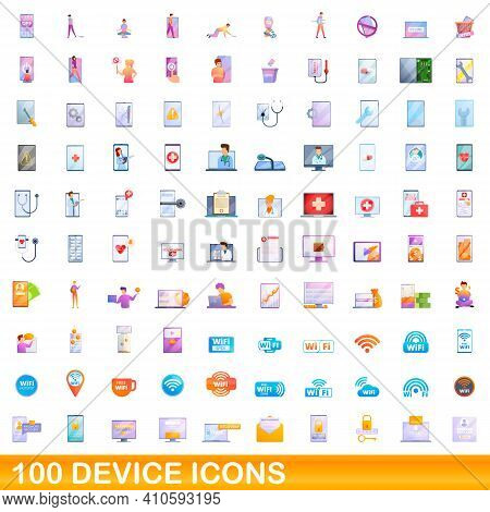 100 Device Icons Set. Cartoon Illustration Of 100 Device Icons Vector Set Isolated On White Backgrou