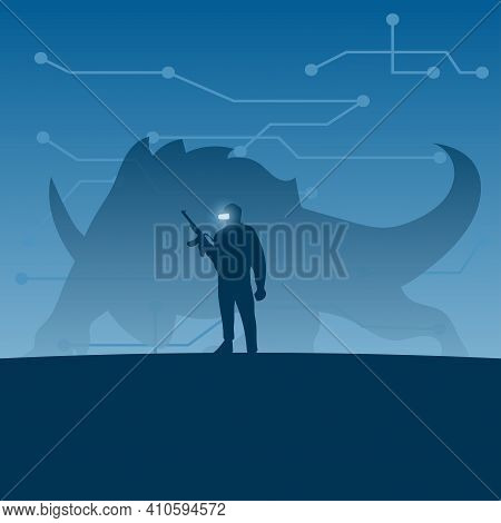 Man With Gun In Hand Playing Game On Vr Headset About Fighting Imaginary Monster On Blue Gradient Sh