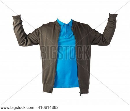 Dark Green Men's Knitten Bomber Jacket And Blue  Shirt Isolated On White Background. Fashionable Cas