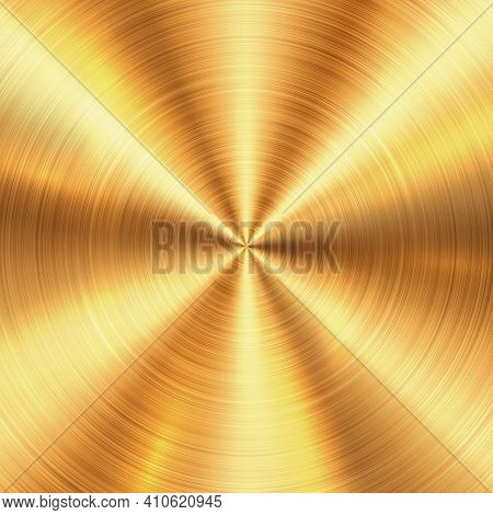 Shiny Brushed Metallic Gold Circular Background Texture. Bright Polished Metal Bronze Brass Plate. R