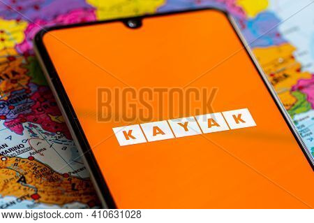 Vilnius, Lithuania - March 2 2020: Close Up View Of Kayak Travel Agency App, Icons, Logo Displayed O