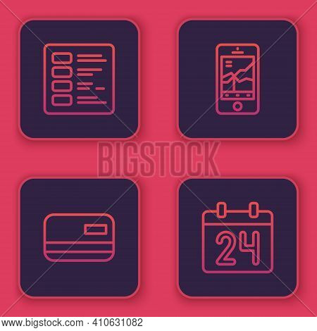 Set Line Business Finance Report, Credit Card, Mobile Stock Trading And Calendar. Blue Square Button
