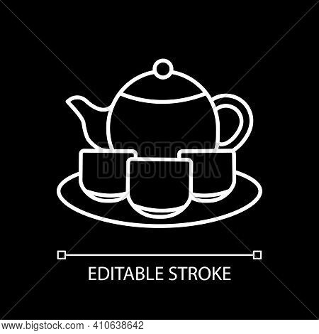 Tea Set White Linear Icon For Dark Theme. Serving Drinks. Tea Ceremony. Pitches And Saucer, Teacups.