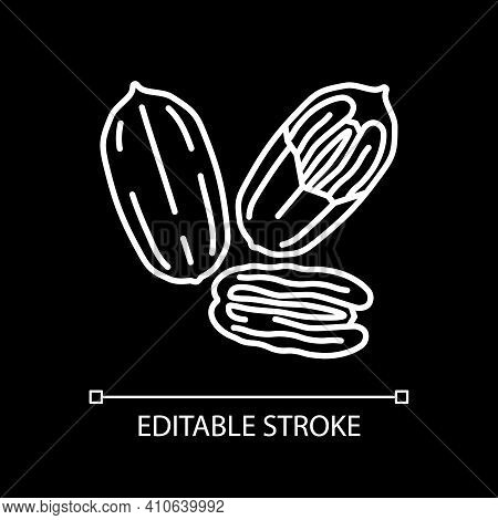 Pecan Nuts White Linear Icon For Dark Theme. Fresh Food With Vitamins. Dietary Nourishment. Thin Lin