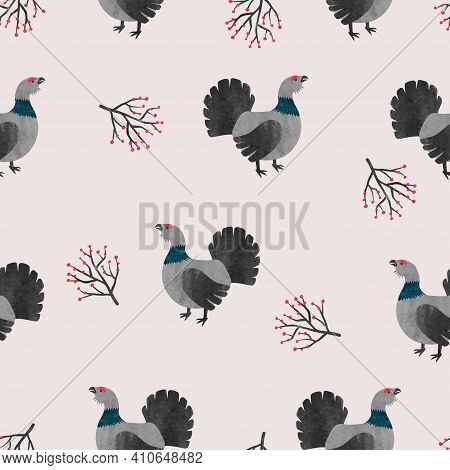 Seamless Capercaillie Bird Pattern. Vector Illustration With Cartoon Grouse