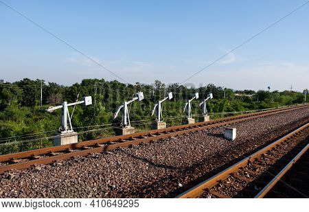 Lever Wire Compensator Row Of The Railroad Switch System In The Station Yard, Countryside Station In