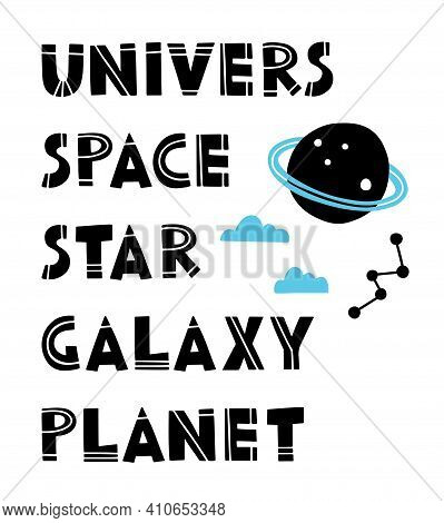 Vector Flat Space Alphabet For Kids. Alphabet Poster For Kids In Space Style. Space Kids, Alphabet F