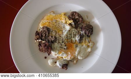 Scrumbled Eggs And Meatballs With Dill For Breakfast
