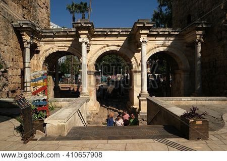 20.10.2019 - Antalya, Turkey. Hadrians Gate At Antalya, Turkey. Famous Historical Monument At Turkey
