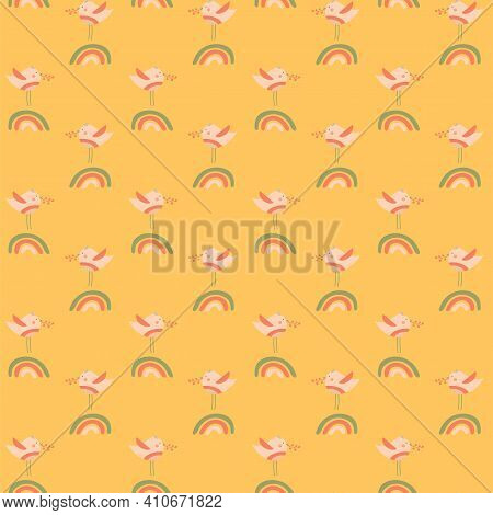 Birds With Branch And Rainbaws On Yellow Background. Seasons Seamless Pattern. Vector Hand Drawn Ill