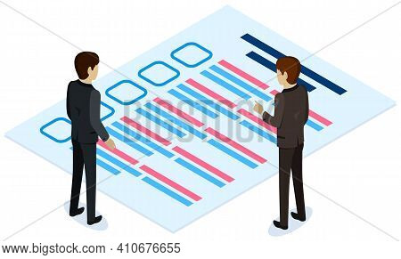 Colleagues Studying Questionnaire. Male Characters Checking Exam. Stack Of Blank Survey Checklist Sh