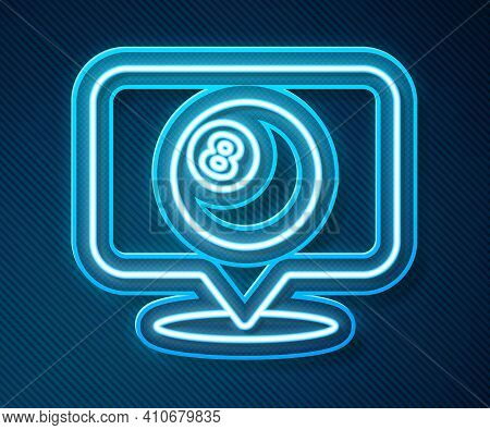 Glowing Neon Line Map Pointer With Billiard Pool Snooker Ball With Number 8 Icon Isolated On Blue Ba