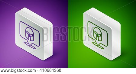 Isometric Line Greek Helmet Icon Isolated On Purple And Green Background. Antiques Helmet For Head P