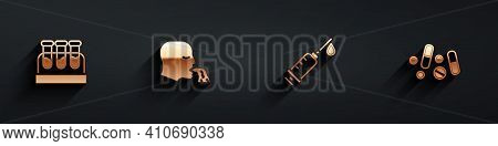 Set Test Tube With Blood, Vomiting Man, Syringe And Medicine Pill Or Tablet Icon With Long Shadow. V