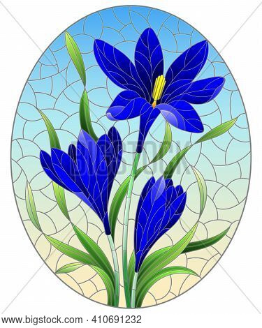 Illustration In Stained Glass Style With A Blue Hyacinth Flowers On A Blue Background, Oval Image