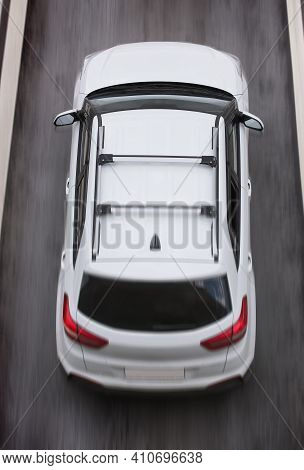 Car Moving On A Multi-lane Highway Top View Close-up