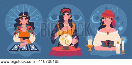 Set Of Three Different Female Gypsy Fortunetellers Using Tarot Cards, A Crystal Ball And Candles For