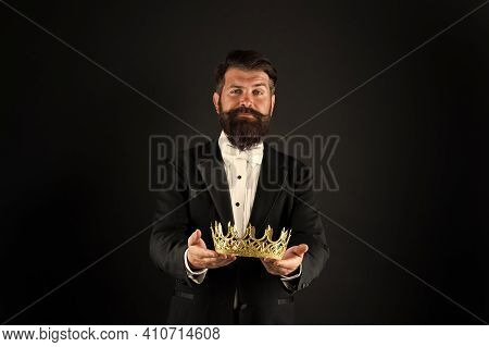 For You. Reward For Business Success. Top Manager. King Of Style. Bearded Man Wear Golden Crown. Ele