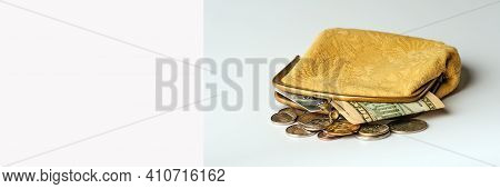 Old Wallet With A Fragment Of Ten Dollars Bill And Credit Card On Grey Background, Social Pension Ba