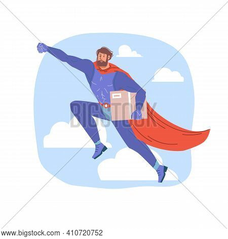 Vector Cartoon Flat Superhero Character In Cape Fly In Sky With Order Package-super Fast Orders Deli