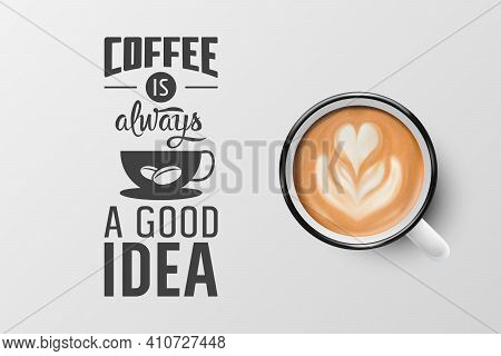 Vector 3d Realistic White Metal Enamel Mug With Foam Coffee - Capuccino, Latte - Isolated. Coffee Cu