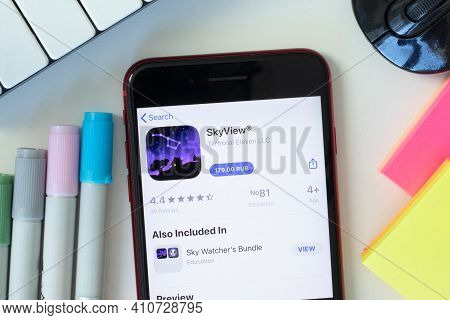 New York, Usa - 2 March 2021: Skyview Mobile App Icon On Phone Screen, Illustrative Editorial