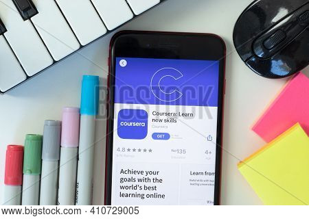 New York, Usa - 2 March 2021: Coursera Mobile App Icon On Phone Screen, Illustrative Editorial