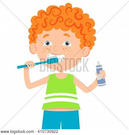 Vector Illustration In A Flat Style.
Boy Cleans Teeth, Cares For Teeth.