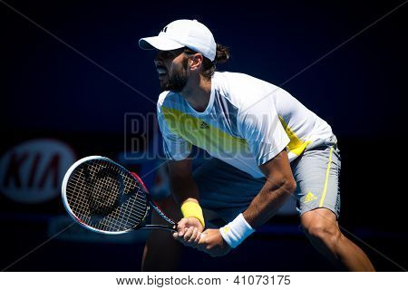 MELBOURNE - 14 gennaio: Fernando Verdasco di Spagna nella sua prima vittoria rotonda sopra David Goffin di Belg