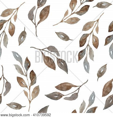 Watercolor Seamless Hand Drawn Pattern Of Grey Gray Brown Neutral Faded Leaves Leaf. Soft Colors For