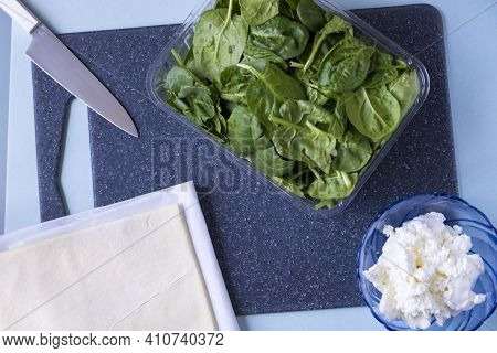 Cheese Spinach Pie. Salty Cake Recipe. Step By Step. View From Above. Step 1.