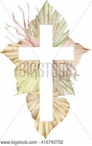 Holy Christ Cross. Watercolor Illustration Of A Cross Decorated With Tropical Palm Leaves Isolated O