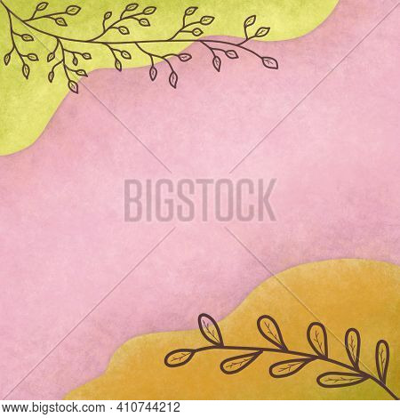 Watercolor Square Illustration With Pastel Organic Shapes And Plant Branches. Template For Social Me