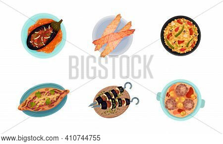 Turkish National Food With Pie Pide And Shashlik With Eggplant Above View Vector Set
