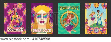 Hippie Peace And Love Posters, Woman Gesturing, Girl In Rainbow Glasses And Flower Wreath And Man Pl
