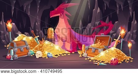 Cave With Red Dragon And Treasure, Piles Of Gold Coins, Jewelry And Gem. Vector Cartoon Illustration