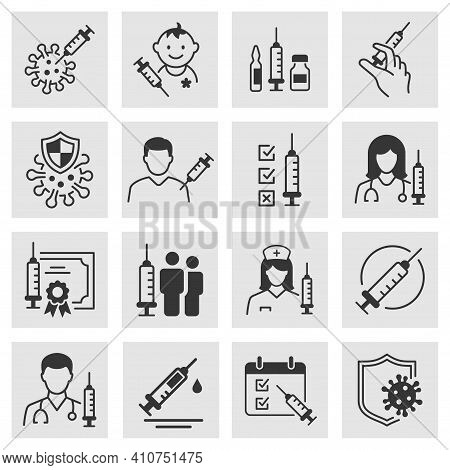 Vaccine Icon Set. Collection Of Syringe, Coronavirus, Covid 19 And More.