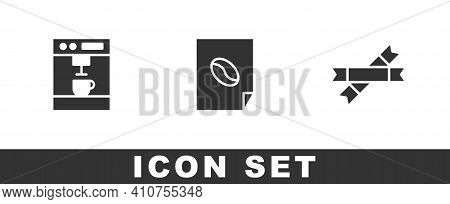 Set Coffee Machine, Poster And Sugar Stick Packets Icon. Vector
