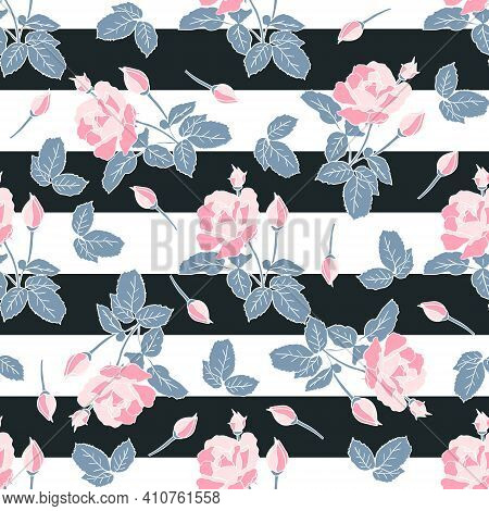 Delicate Pink Roses With Black Stripes Seamless Pattern. Hand Drawn Flat Silhouettes With White Outl