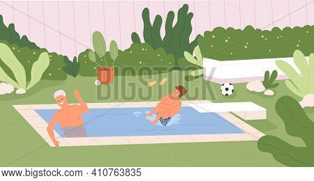 Happy Family Having Fun In Backyard Swimming Pool On Summer Holidays. Father And Kid Spending Time I